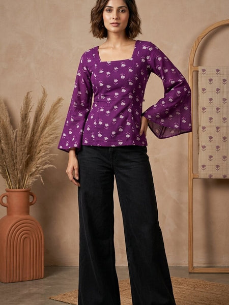 Women Purple Cotton Printed Flared Sleeve Back tie-up Kurti