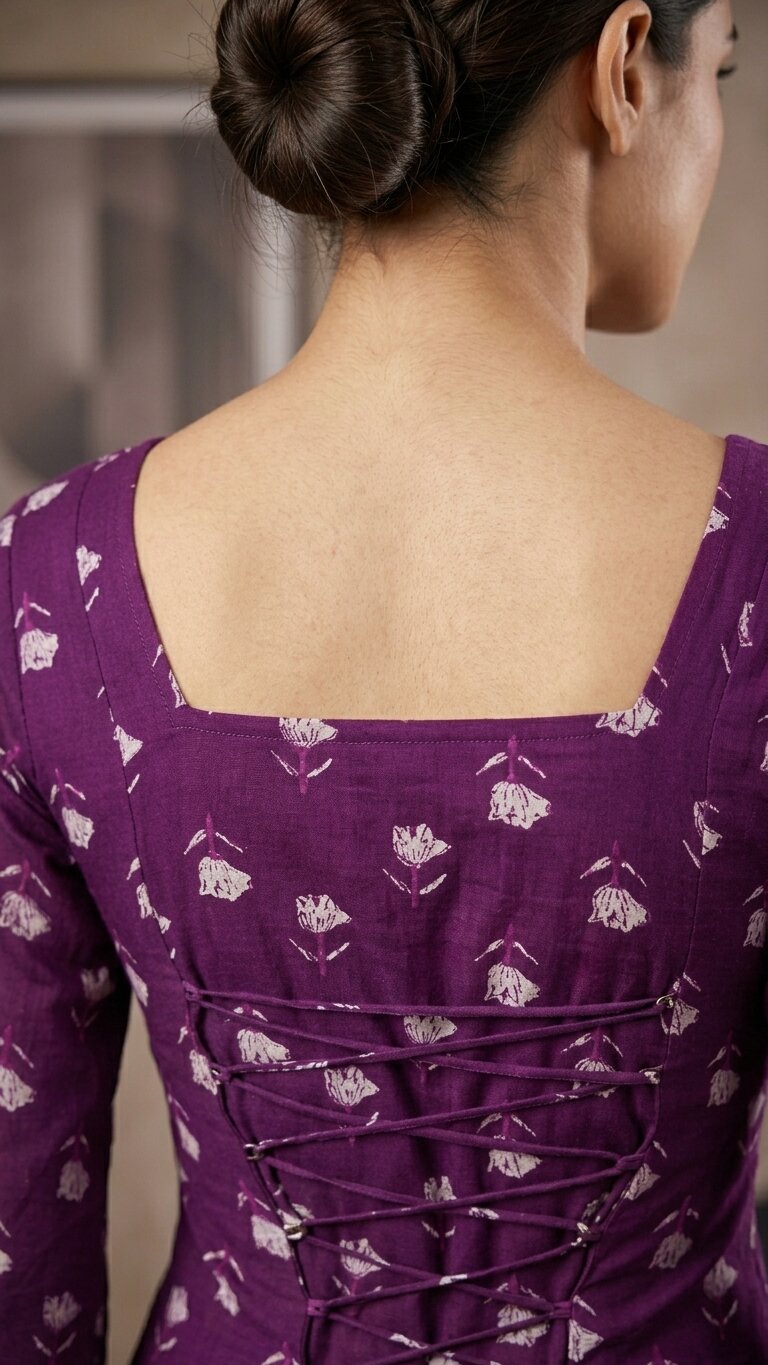 Women Purple Cotton Printed Flared Sleeve Back tie-up Kurti