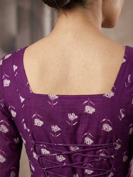 Women Purple Cotton Printed Flared Sleeve Back tie-up Kurti