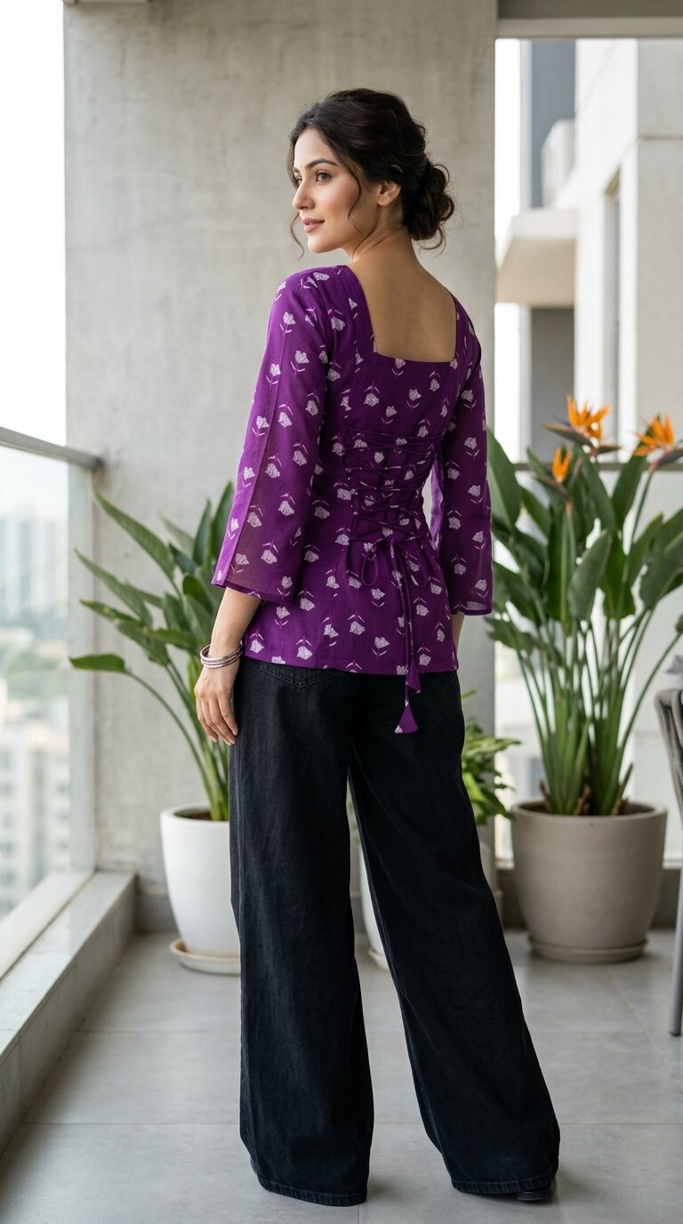 Women Purple Cotton Printed Flared Sleeve Back tie-up Kurti