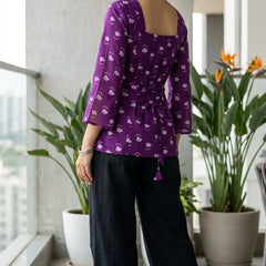 Women Purple Cotton Printed Flared Sleeve Back tie-up Kurti
