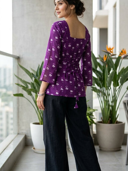 Women Purple Cotton Printed Flared Sleeve Back tie-up Kurti