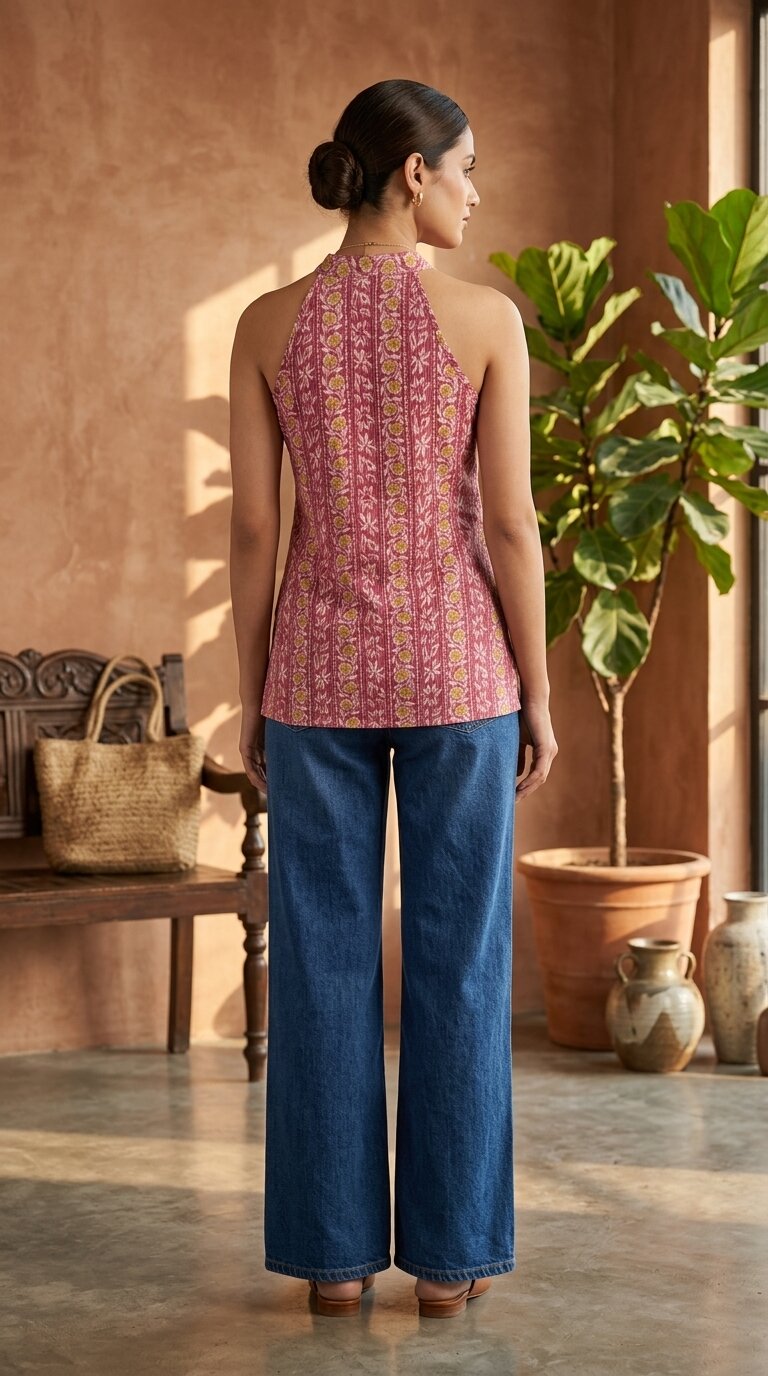 Women Cotton Katha Work Printed Button-up Kurti