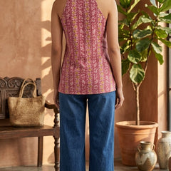 Women Cotton Katha Work Printed Button-up Kurti