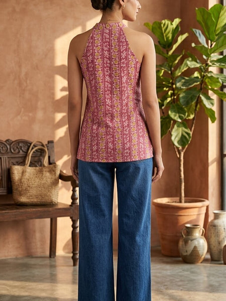 Women Cotton Katha Work Printed Button-up Kurti
