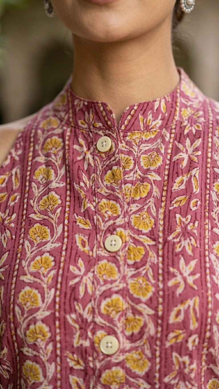 Women Cotton Katha Work Printed Button-up Kurti