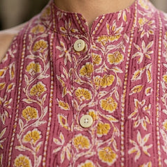 Women Cotton Katha Work Printed Button-up Kurti