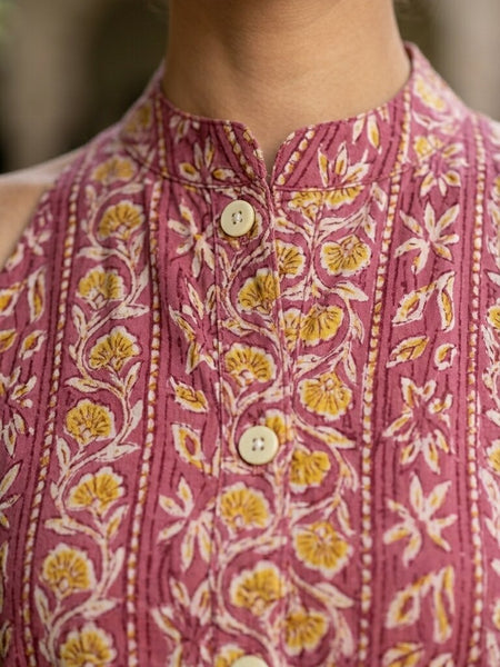 Women Cotton Katha Work Printed Button-up Kurti