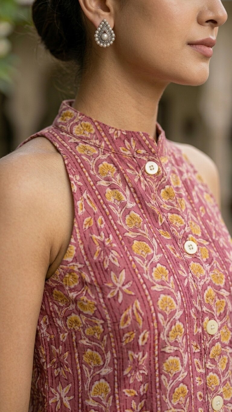 Women Cotton Katha Work Printed Button-up Kurti