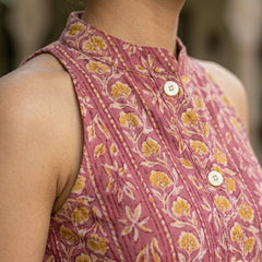 Women Cotton Katha Work Printed Button-up Kurti