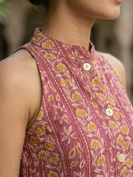 Women Cotton Katha Work Printed Button-up Kurti