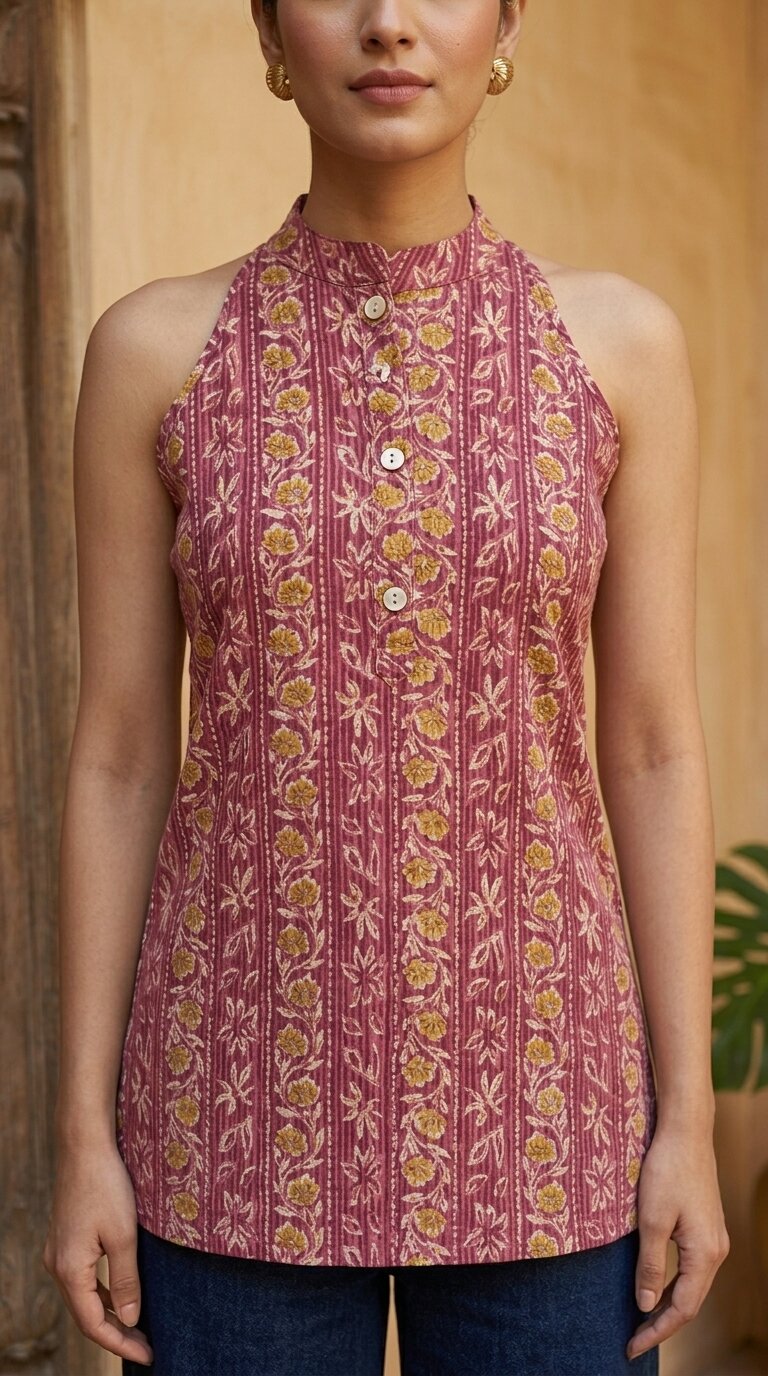 Women Cotton Katha Work Printed Button-up Kurti