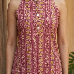 Women Cotton Katha Work Printed Button-up Kurti