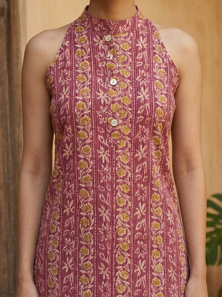 Women Cotton Katha Work Printed Button-up Kurti