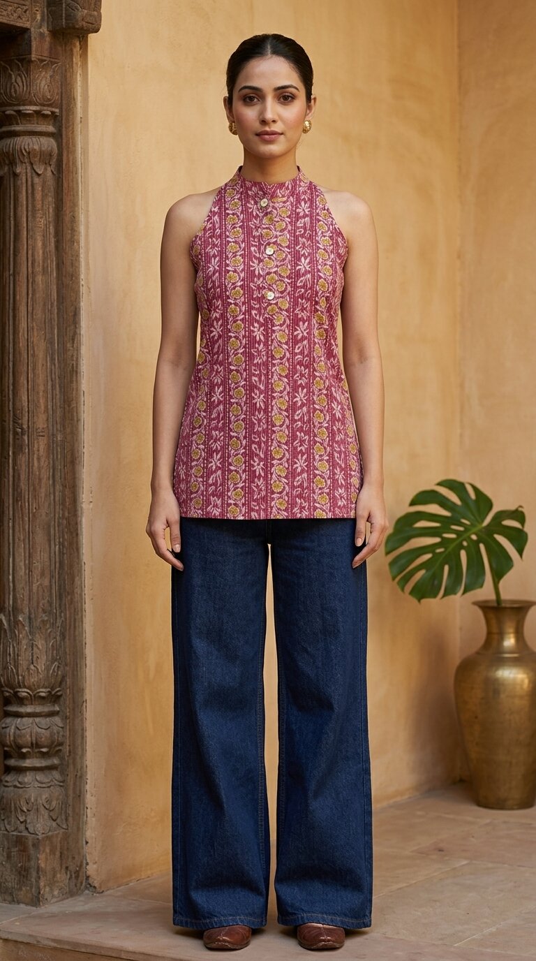 Women Cotton Katha Work Printed Button-up Kurti
