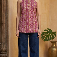 Women Cotton Katha Work Printed Button-up Kurti