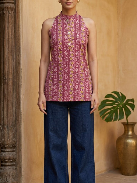 Women Cotton Katha Work Printed Button-up Kurti