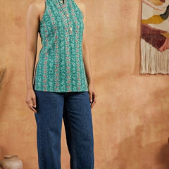 Women Cotton Katha Work Printed Button-up Kurti