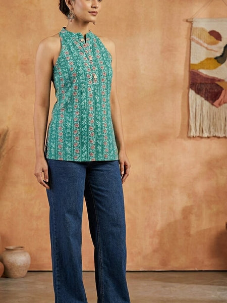 Women Cotton Katha Work Printed Button-up Kurti