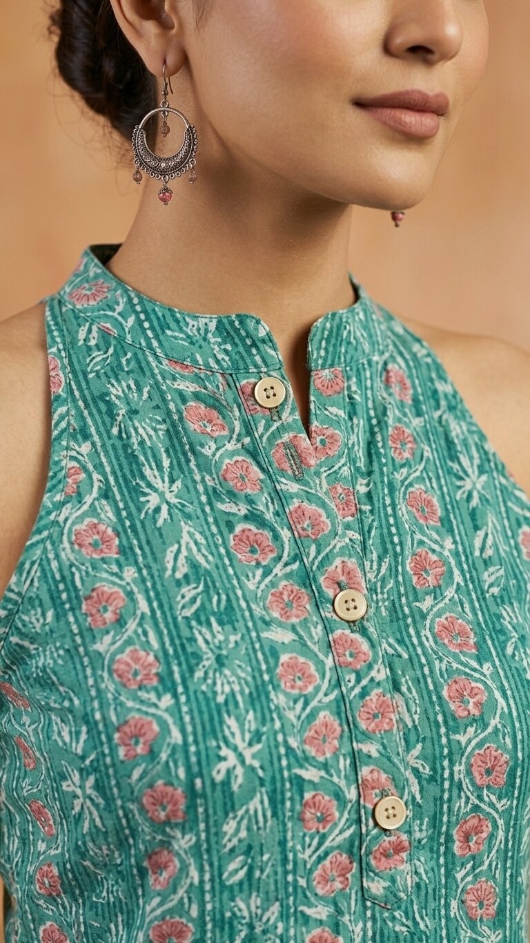 Women Cotton Katha Work Printed Button-up Kurti