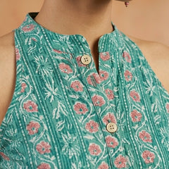 Women Cotton Katha Work Printed Button-up Kurti