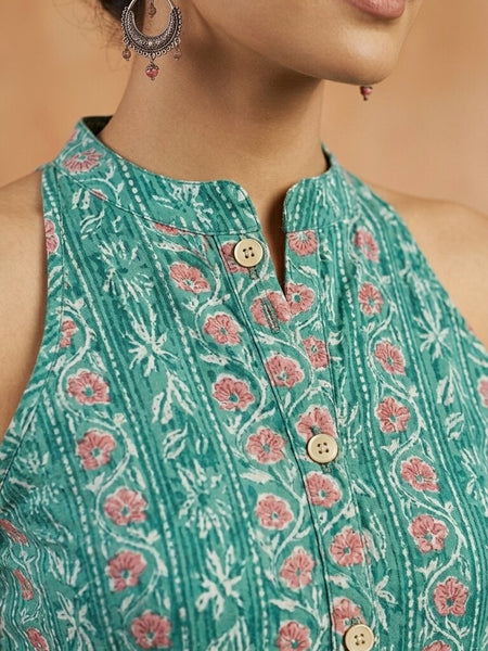 Women Cotton Katha Work Printed Button-up Kurti