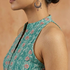 Women Cotton Katha Work Printed Button-up Kurti