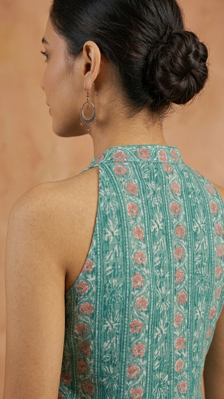 Women Cotton Katha Work Printed Button-up Kurti