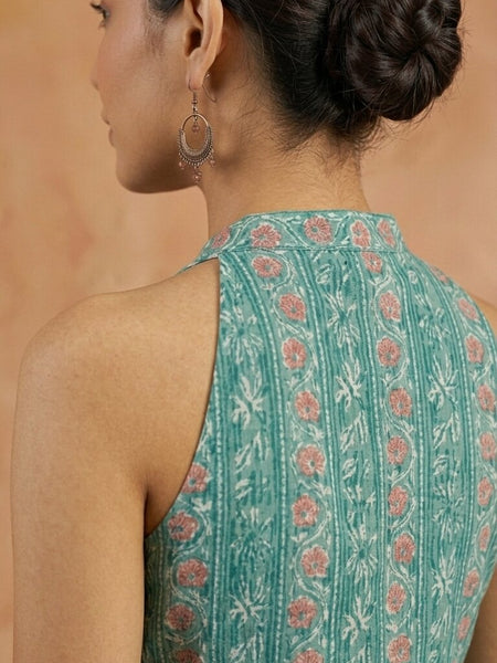 Women Cotton Katha Work Printed Button-up Kurti