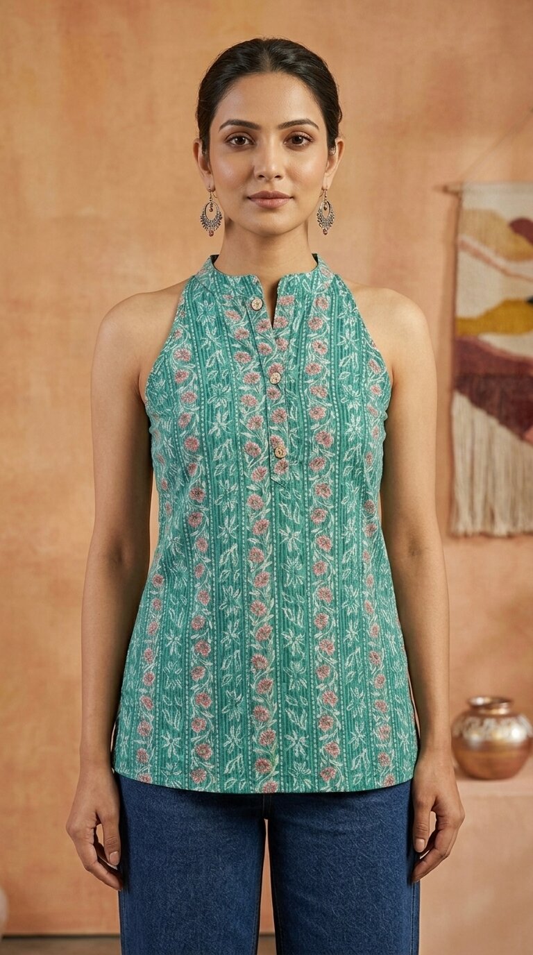 Women Cotton Katha Work Printed Button-up Kurti
