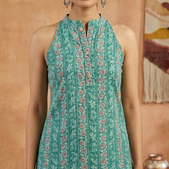 Women Cotton Katha Work Printed Button-up Kurti