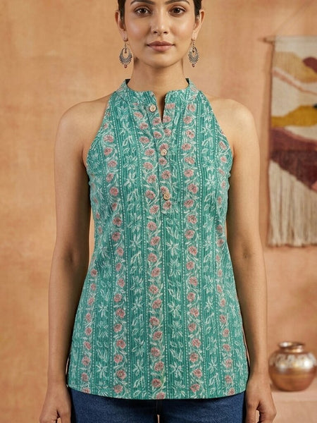 Women Cotton Katha Work Printed Button-up Kurti