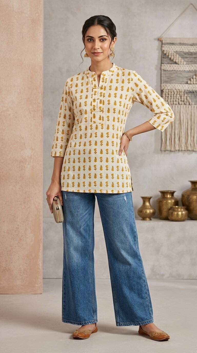 Women Cotton Yellow Button-up yoke detail Kurti