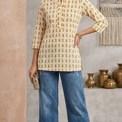 Women Cotton Yellow Button-up yoke detail Kurti