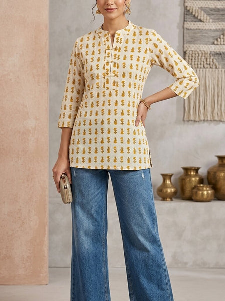 Women Cotton Yellow Button-up yoke detail Kurti