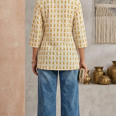 Women Cotton Yellow Button-up yoke detail Kurti
