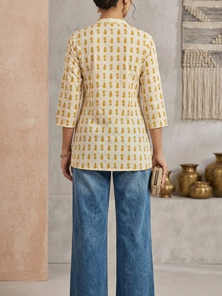 Women Cotton Yellow Button-up yoke detail Kurti