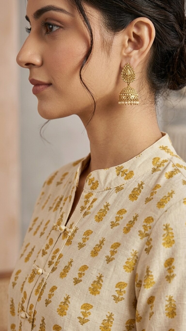 Women Cotton Yellow Button-up yoke detail Kurti