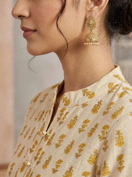 Women Cotton Yellow Button-up yoke detail Kurti