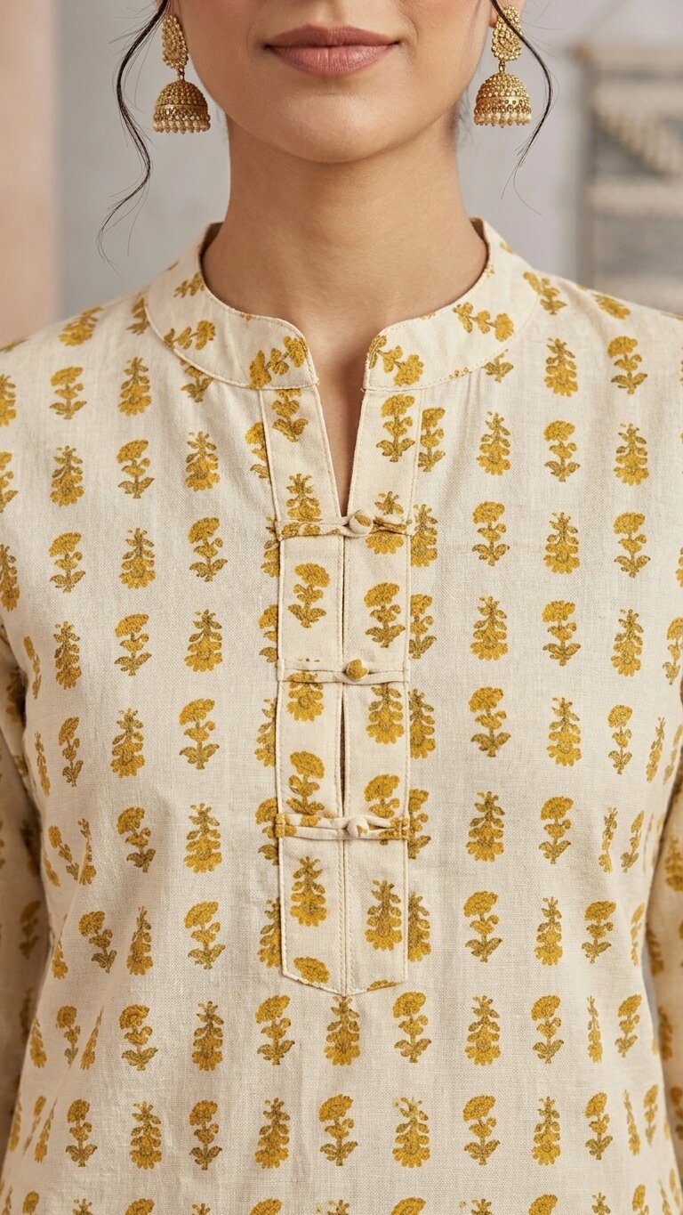 Women Cotton Yellow Button-up yoke detail Kurti