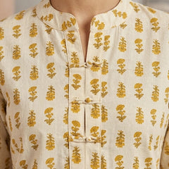 Women Cotton Yellow Button-up yoke detail Kurti