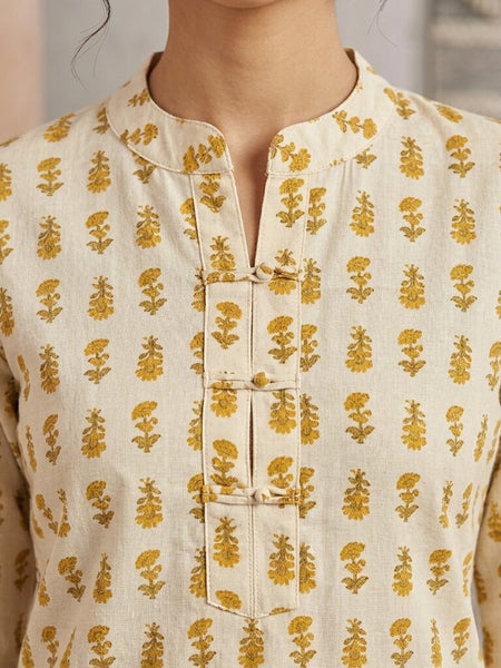 Women Cotton Yellow Button-up yoke detail Kurti