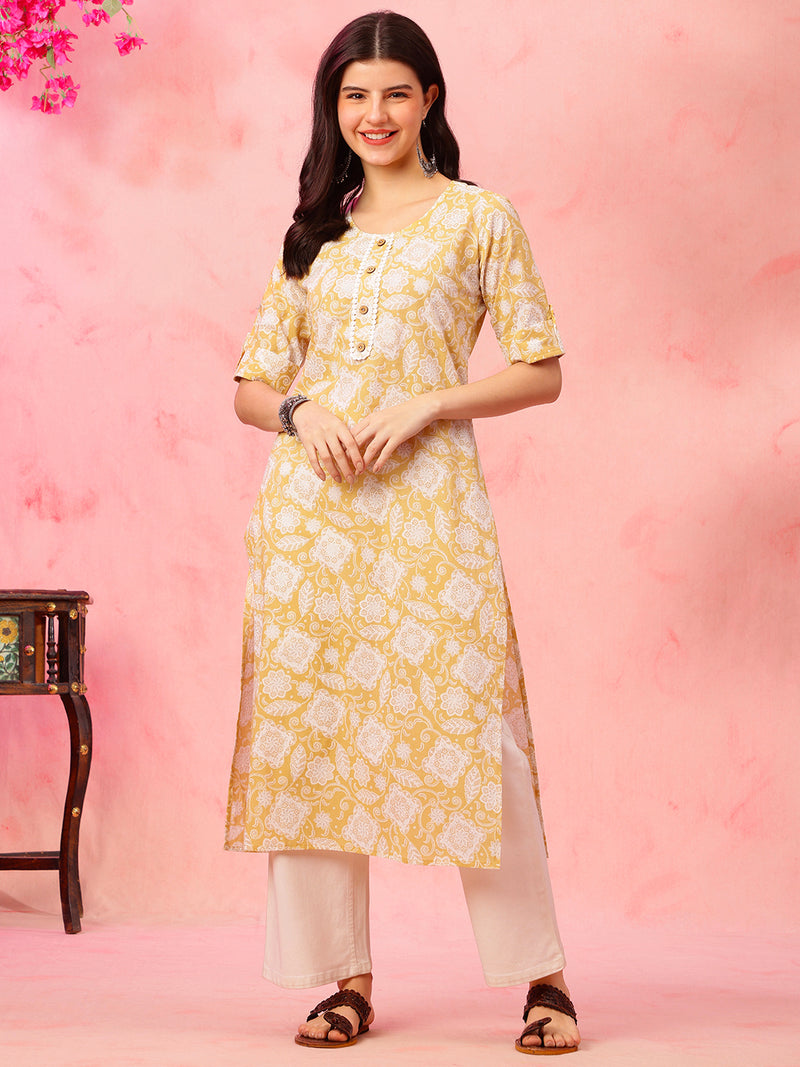EthniFlair Floral Printed Round Neck Straight Kurta