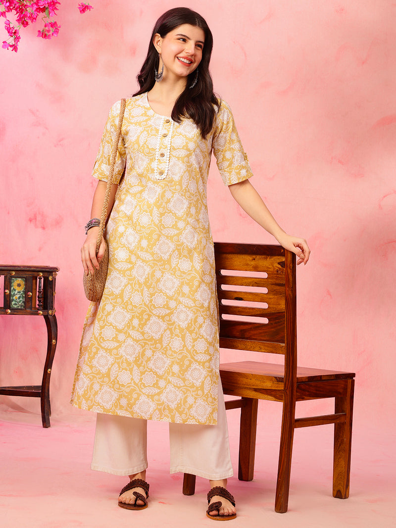 EthniFlair Floral Printed Round Neck Straight Kurta