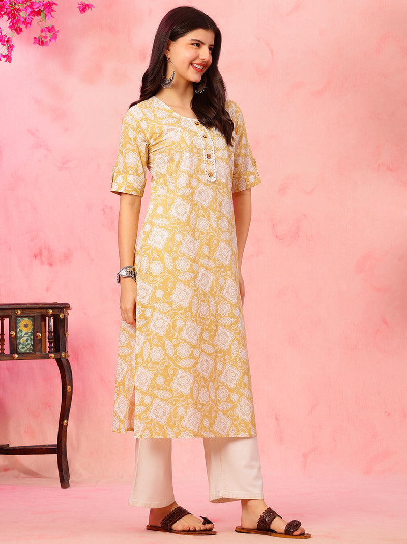 EthniFlair Floral Printed Round Neck Straight Kurta