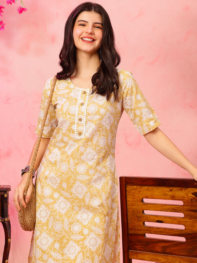 EthniFlair Floral Printed Round Neck Straight Kurta