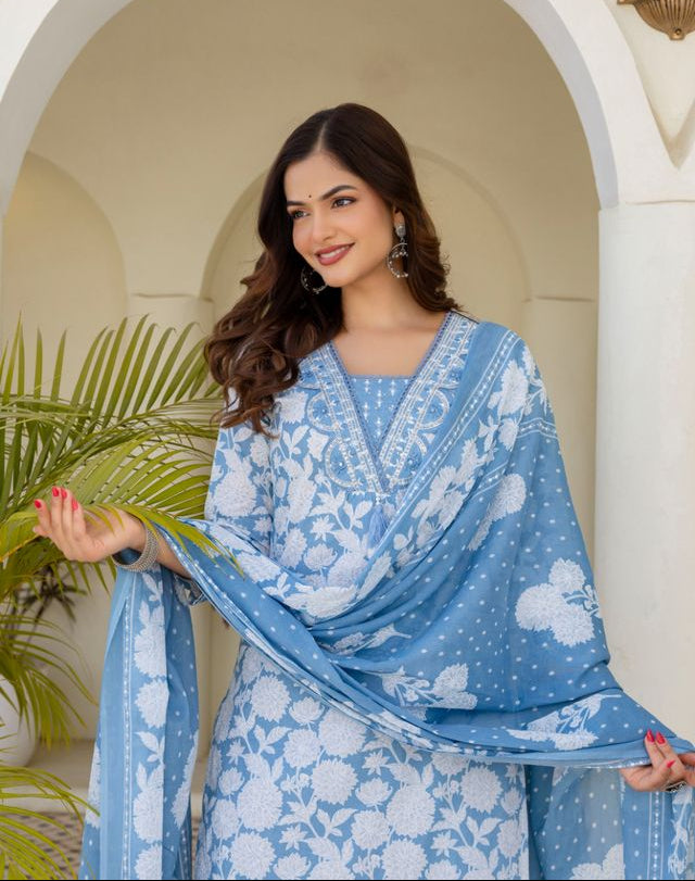 EthniFlair Women Cotton Pintucks detail Straight kurta Pant & Dupatta