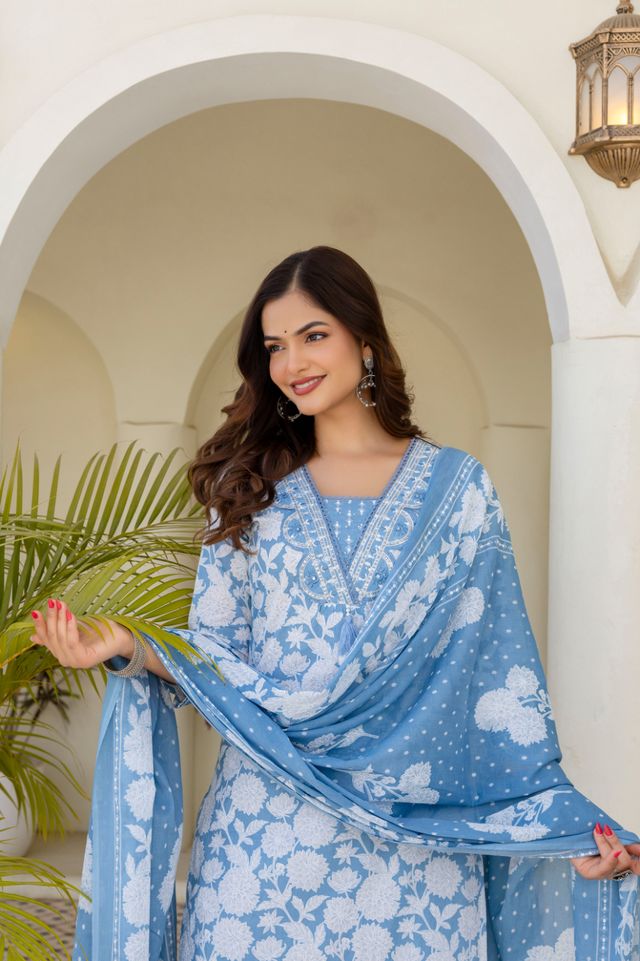 EthniFlair Women Cotton Pintucks detail Straight kurta Pant & Dupatta