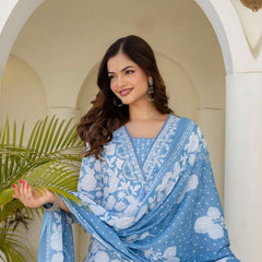 EthniFlair Women Cotton Pintucks detail Straight kurta Pant & Dupatta