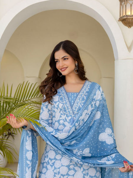 EthniFlair Women Cotton Pintucks detail Straight kurta Pant & Dupatta